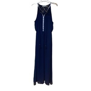 Daniel Rainn Sleeveless Maxi‎ Dress Swiss Dot Boho Split  V- Neck Large Navy